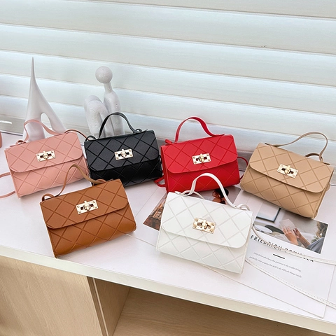Women Quilted Small Square Handbag PU Leather Gold Rotating Lock Top Handle Crossbody Shoulder Bag Fashion Casual