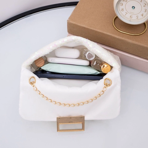 Fashion Sequin Quilted Small Square Crossbody Bag Gold Chain Strap Women Sweet Light Luxury Party Evening Shoulder Bag