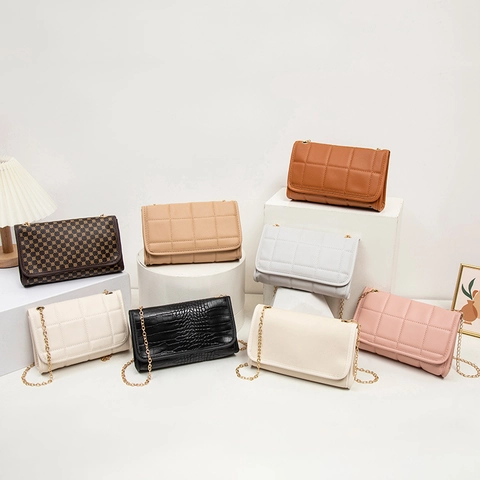 Women PU Leather Crossbody Bag Gold Chain Strap Flap Small Square Shoulder Purse Croc Embossed Quilted Rhombic Pattern