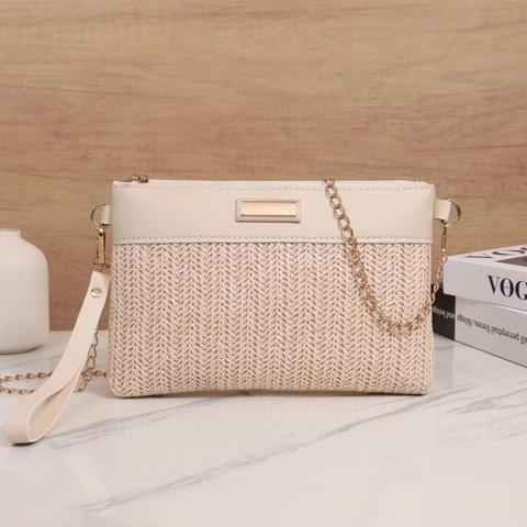 Women Fashion Straw Woven Crossbody Bag With Metal Chain Wrist Strap PU Leather Patchwork Small Square Shoulder Bag Summer Vacation Clutch