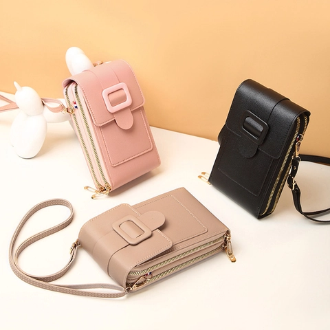 Women Mini Crossbody Phone Bag PU Leather Double Zipper Square Buckle Adjustable Strap Fashion Casual Shoulder Bag For Girls