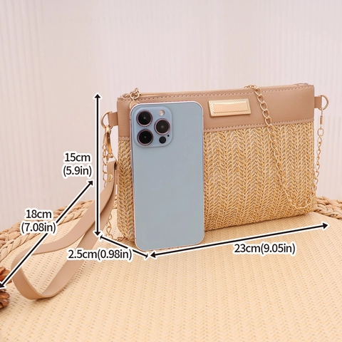 Damen Gewebte Stroh PU Patchwork Umhängetasche Mit Kette Und Handgelenkschlaufe Boho Urlaub Handtasche