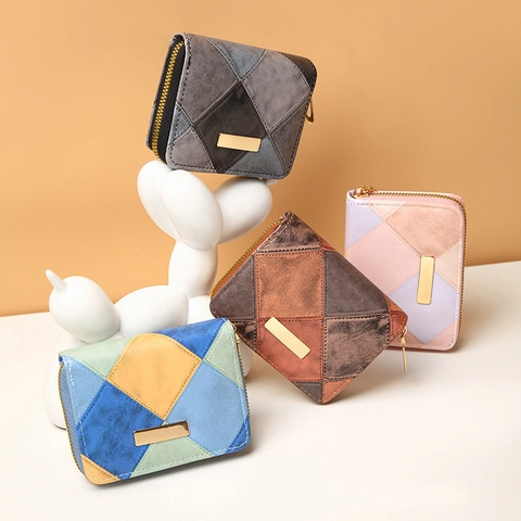 Portafoglio Donna Corto Trapuntato Patchwork Pelle PU Cerniera Portamonete Porta Carte Compatto Organizzatore Quotidiano