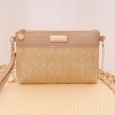 Damen Gewebte Stroh PU Patchwork Umhängetasche Mit Kette Und Handgelenkschlaufe Boho Urlaub Handtasche