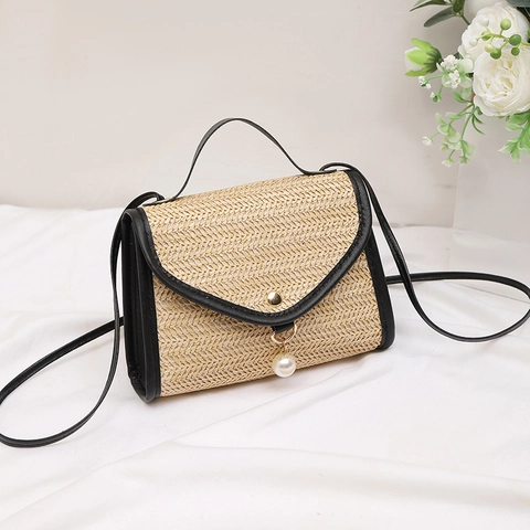 Borsa a Tracolla da Donna in Paglia Intrecciata Piccola Borsa a Mano Quadrata Pendente di Künstliche Perle Moda Spiaggia Estiva in Ecopelle