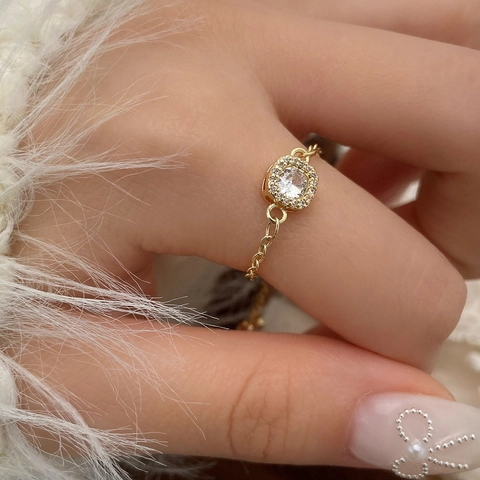 Verstellbarer Kettenring Kupfer Mit Quadratischem Rundem Halo Klarer Zirkonia Minimalistischer Eleganter Schmuck Für Damen