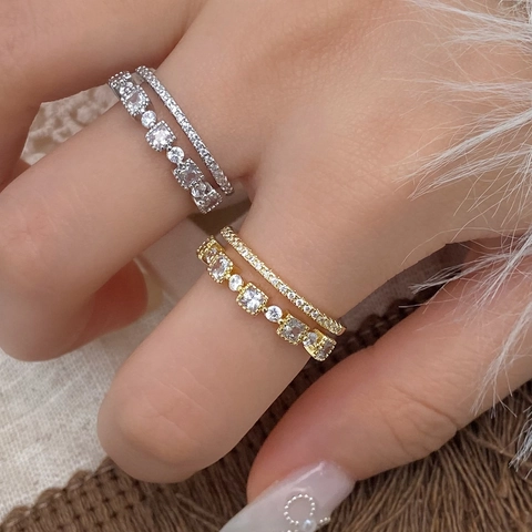 Doppellagiger Geometrischer Offener Ring Aus Kupfer Und Zirkonia Minimalistisches Luxus Verstellbares Modeaccessoire Für Damen