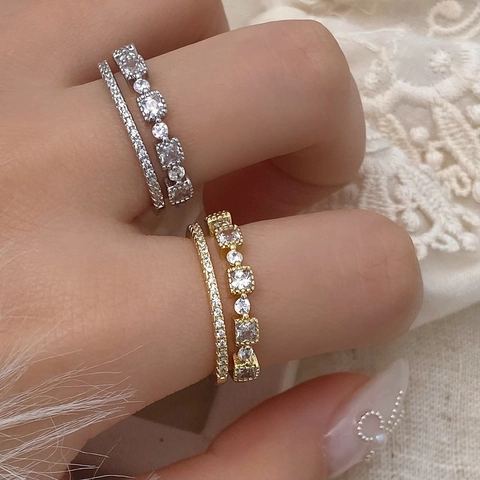 Doppellagiger Geometrischer Offener Ring Aus Kupfer Und Zirkonia Minimalistisches Luxus Verstellbares Modeaccessoire Für Damen