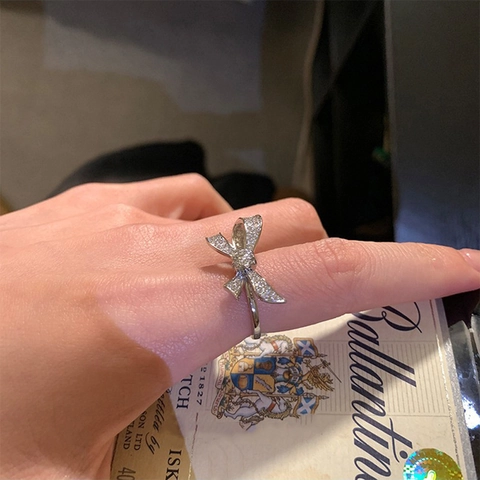 Schleife Ring Für Damen Eleganter Kupfer Mikro-Zirkonia Verstellbares Offenes Design Minimalistisches Luxus Modeaccessoire