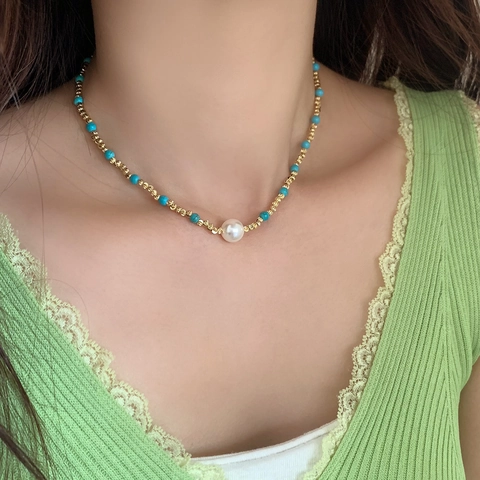 Collana Di Künstliche Perle Placcata Oro Con Künstliche Perle Di Turchese Malachite E Perla Artificial Grande Elegante Catena Da Clavicvola Boema Per Donna