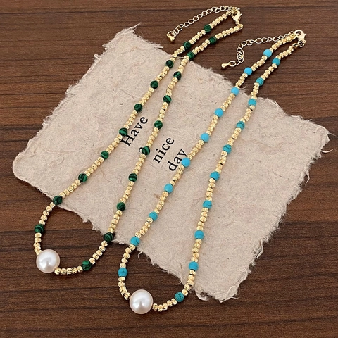Collana Di Künstliche Perle Placcata Oro Con Künstliche Perle Di Turchese Malachite E Perla Artificial Grande Elegante Catena Da Clavicvola Boema Per Donna