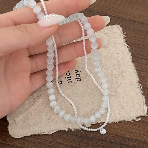 Simple Cat Eye Stone Beaded Necklace Copper Layered With Zircon Pendant Elegant Jewelry For Women