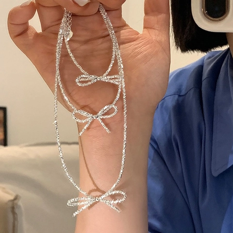 Collana Multistrato Con Ciondolo A Fiocco Rame Placcato Argento Girocollo Delicato Catena Semplice Gioielli Di Moda Per Donne