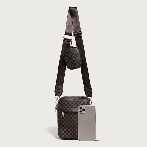 Borsa A Tracolla Retrò E Astuccio Rotondo Pelle PU Motivo Vintage Tracolla Larga Borsa Rimovibile Chiusura Cerniera Moda
