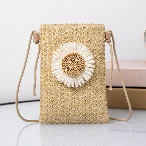 Woven Straw Crossbody Phone Bag With White Daisy Flower Mini Summer Beach Shoulder Purse For Women