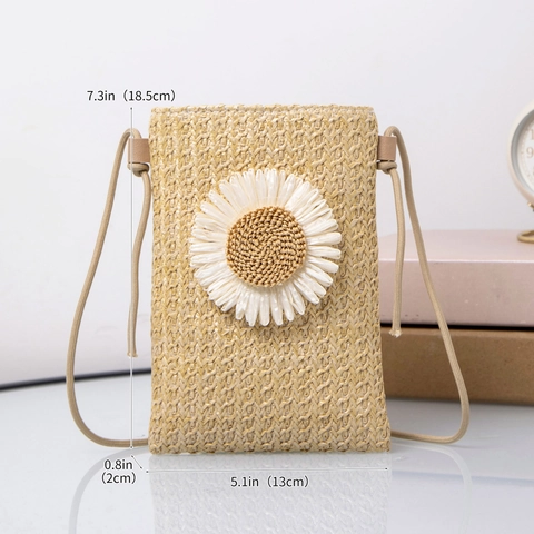 Woven Straw Crossbody Phone Bag With White Daisy Flower Mini Summer Beach Shoulder Purse For Women