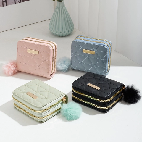 Women Fashion PU Leather Quilted Small Wallet Double Zipper Mini Clutch Purse With Pom Pom Keychain Short Square Wallet Girls Gift