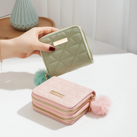 Women Fashion PU Leather Quilted Small Wallet Double Zipper Mini Clutch Purse With Pom Pom Keychain Short Square Wallet Girls Gift