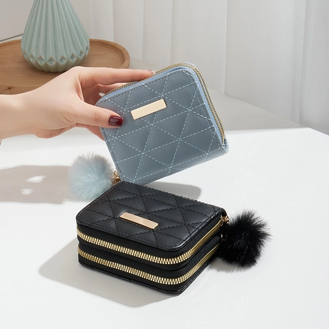 Women Short Wallet PU Leather Quilted Rhombic Texture Double Zipper Coin Purse With Fur Ball Pendant Metal Label Fashion