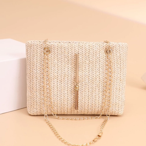Straw Woven Crossbody Bag For Women With Metal Chain And Tassel Chevron Pattern Summer Beach Small Shoulder Bag