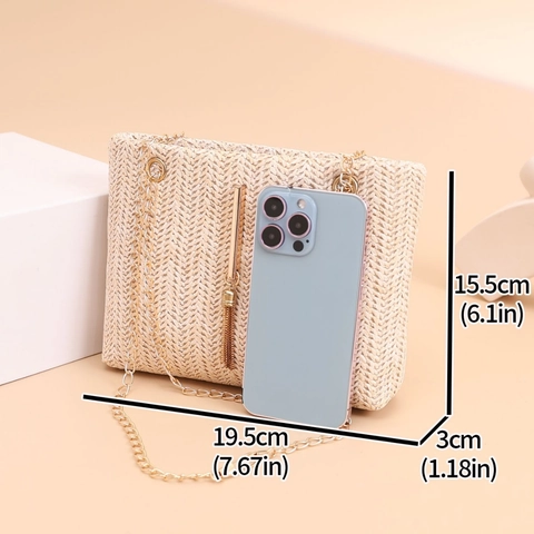 Straw Woven Crossbody Bag For Women With Metal Chain And Tassel Chevron Pattern Summer Beach Small Shoulder Bag