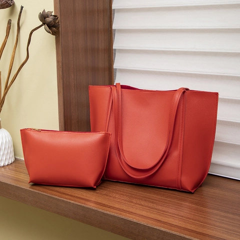 Women Tote Bag And Pouch PU Leather Large Capacity Minimalist Solid Color Shoulder Handbag Casual Commute