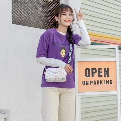 Women Geometric Pattern Crossbody Bag PU Leather Wide Letter Strap Fashion Shoulder Camera Bag For Girls Streetwear