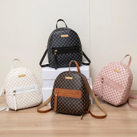Mini Rucksack Mode PU Leder Vintage Druck Reißverschluss Casual Daypack Für Damen Und Studentinnen