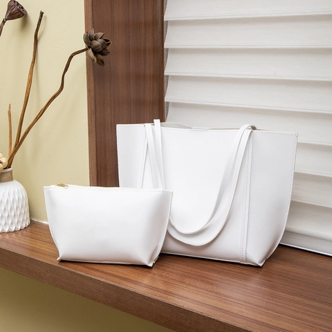 Women Large Capacity PU Leather Tote Bag And Pouch Set Minimalist Solid Color Shoulder Bag Urban Commuter Handbag