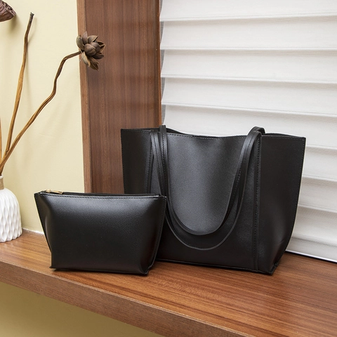 Women Vintage Large Tote Bag Synthetic Leather Solid Color Shopper Shoulder Bag With Pouch Set Handbag For Daily Work Travel