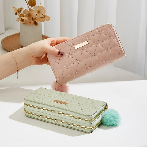 Quilted Rhombus Long Wallet PU Leather Multi Zipper Wristlet Clutch Purse With Fur Ball Pendant Large Capacity For Women