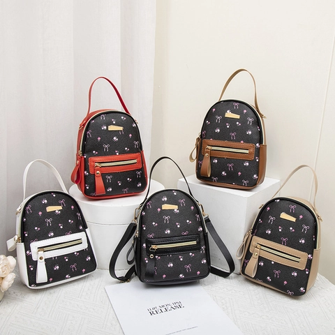 Mini Backpack For Women PU Leather Floral Bowknot Print Multi Purpose Shoulder Crossbody Bag Casual Fashion Small Rucksack