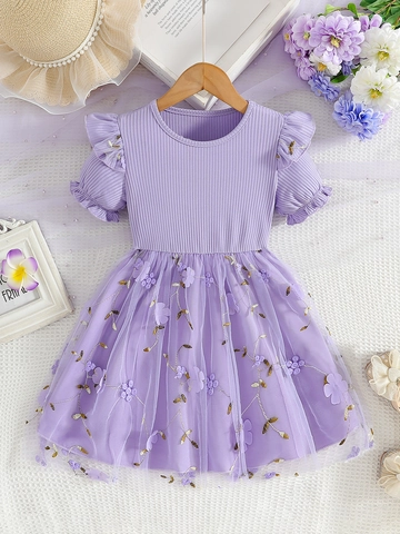 Girls Purple Princess Mesh Dress Short Sleeve Ribbed Knit Top Floral Embroidery Summer Tutu Dress For Party Wedding Casual
