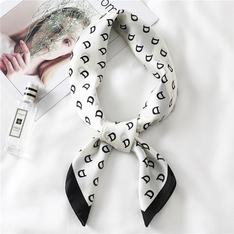 Women Letter D Print Square Scarf Satin Polyester Neckerchief Fashion Versatile Headscarf Decorative Wrist Wrap