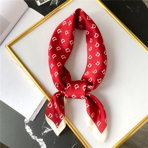 Women Letter D Print Square Scarf Satin Polyester Neckerchief Fashion Versatile Headscarf Decorative Wrist Wrap