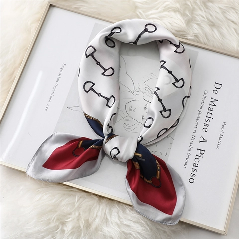 Women Elegant Square Scarf Satin Feeling Polyester Equestrian Horsebit Chain Print Neck Head Kerchief Fashion Accessory