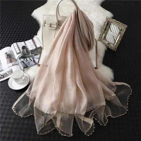 Elegant Women Scarf Satin Blend Shawl Beaded Artificial Pearl Mesh Splicing Long Solid Color Sunscreen Wrap