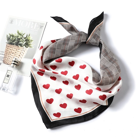 Square Scarf Imitation Satin Satin Heart Print Houndstooth Plaid Elegant Korean Style Versatile Neck Bandana For Women