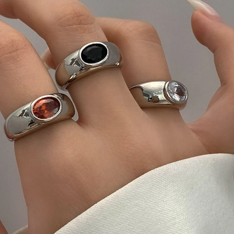 Bague Ouverte Ajustable Zircon Ovale Vintage Bijoux En Cuivre Géométriques Style Rétro Minimaliste Français Pour Femmes