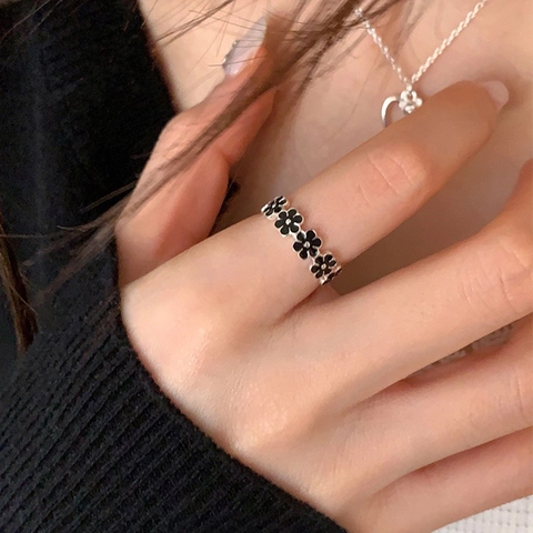 Floral Adjustable Open Ring Copper Enamel Flower Retro Sweet Finger Jewelry For Women Minimalist Vintage Style