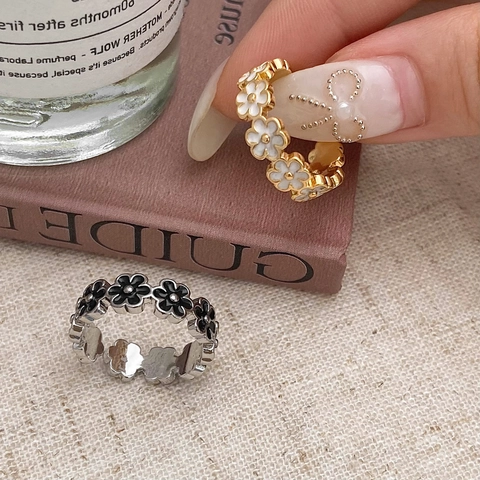Floral Adjustable Open Ring Copper Enamel Flower Retro Sweet Finger Jewelry For Women Minimalist Vintage Style