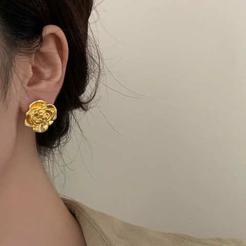 Rose Flower Stud Earrings Copper Real Gold Plated 3D Carved Geometric Vintage Unique Design Jewelry For Women