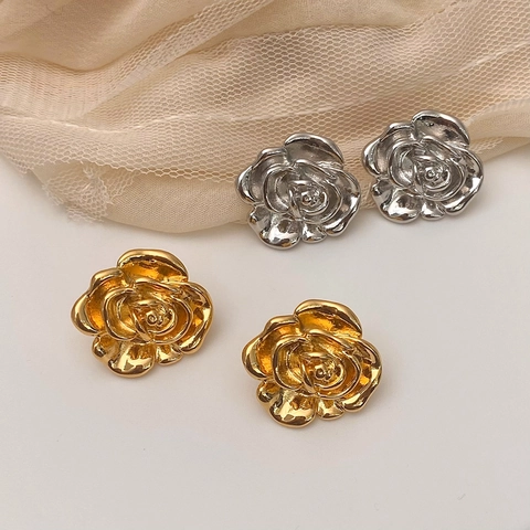 Rose Flower Stud Earrings Copper Real Gold Plated 3D Carved Geometric Vintage Unique Design Jewelry For Women