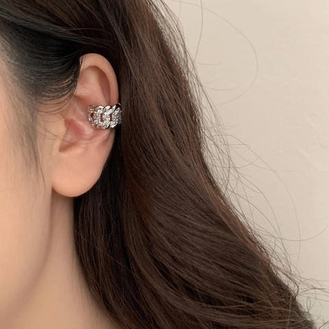 Ear Cuff Maglia Cubana Rame Placcato Oro Micro Pave Zirconia Senza Buco Orecchino A Catena Minimalista Per Donna