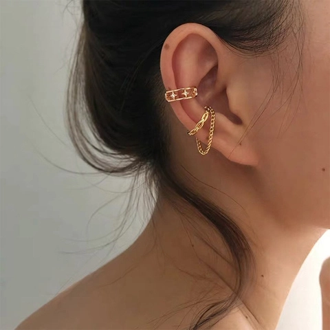 Ear Cuff Copper Zircon Hollow Star Dangle Chain Non Pierced Fashion Jewelry Women Elegant Simple