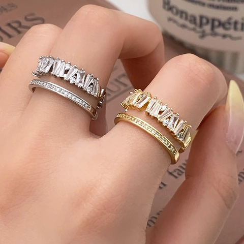Zweilagiger Offener Ring Für Damen Eleganter Minimalistischer Stapelbares Design Mit Baguette Rundem Zirkonia Funkelnder Schmuck