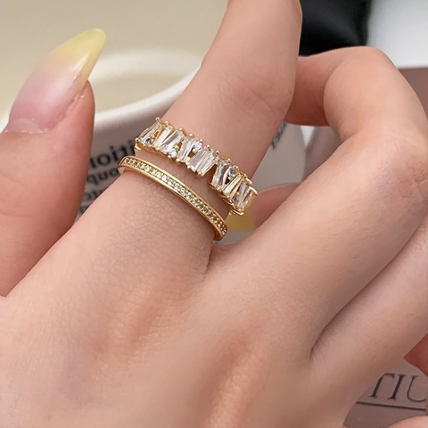 Zweilagiger Offener Ring Für Damen Eleganter Minimalistischer Stapelbares Design Mit Baguette Rundem Zirkonia Funkelnder Schmuck