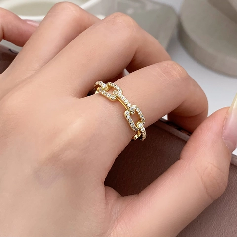 Geometric Chain Link Ring Copper Zircon Micro Pave Full Diamond Adjustable Open Finger Jewelry Women Luxury Minimalist Fashion