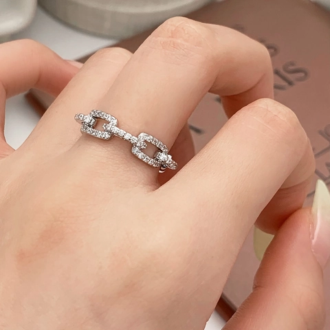 Geometric Chain Link Ring Copper Zircon Micro Pave Full Diamond Adjustable Open Finger Jewelry Women Luxury Minimalist Fashion