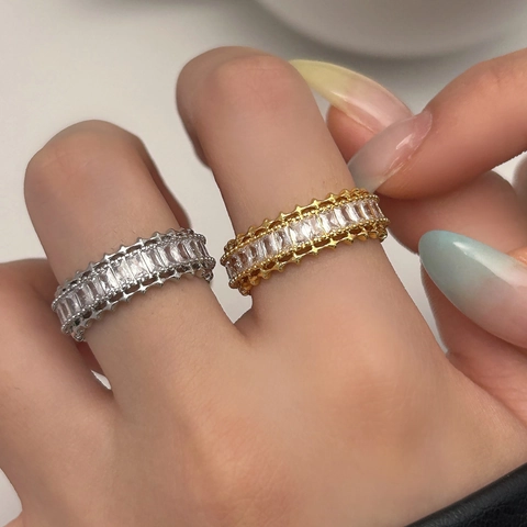 Baguette Cut Zircon Adjustable Open Ring Brass Gold Plated Geometric Fashion Jewelry For Women Elegant Temperament Accessory